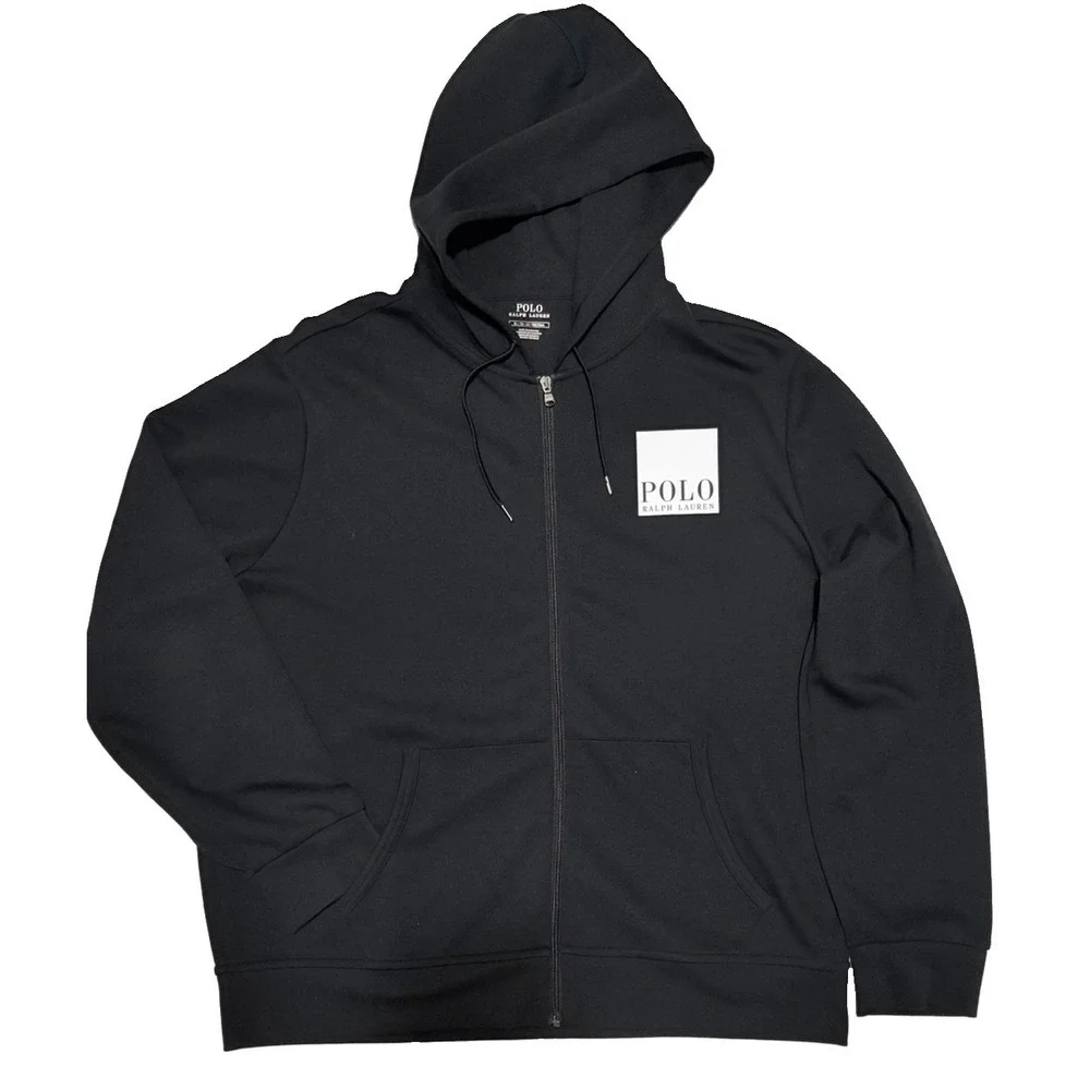 Polo Ralph Lauren Mens XL Double-Knit Full-Zip Back Logo Hoodie Spellout Black